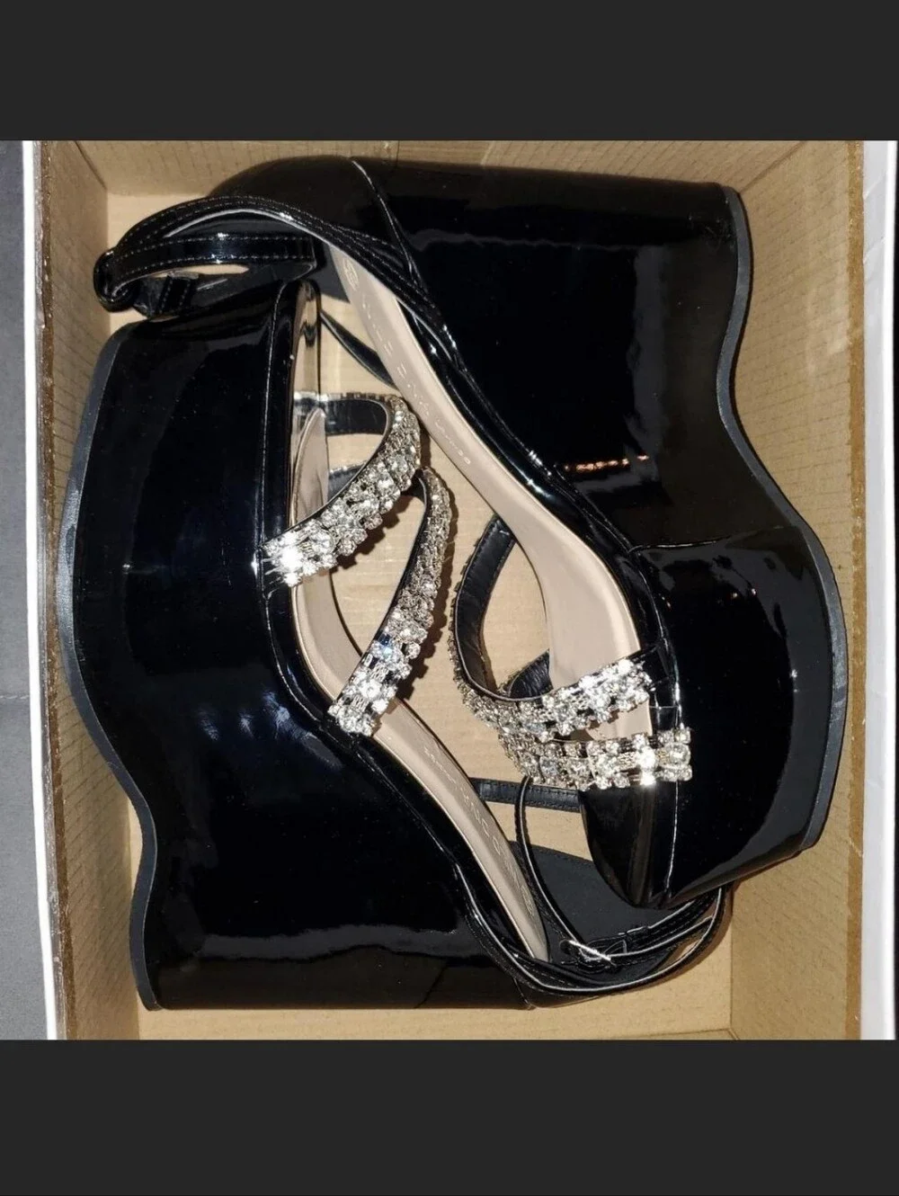*NEW IN BOX!!!* Black Patent Platform Wedge Heels with Crystal Straps